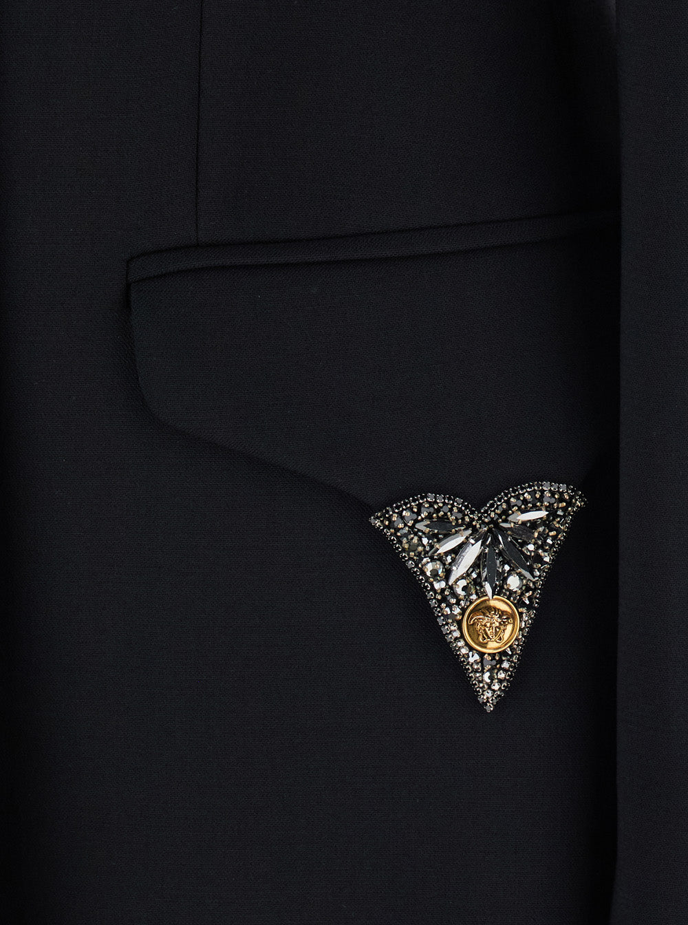 Versace Women Black Jacket With Lapels And Crystal Details And Logo In Wool Women