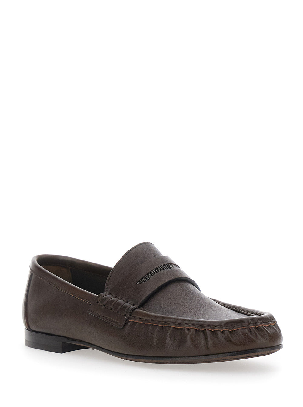 Brunello Cucinelli Women Brown Loafers With Monile Detail And Gathered Leather Toe In Leather For Women