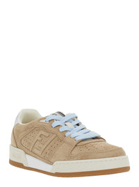 Fendi Women Beige Low Top Sneakers With Logo Patch On The Tongue And Ff Patch On The Side In Leather For Women