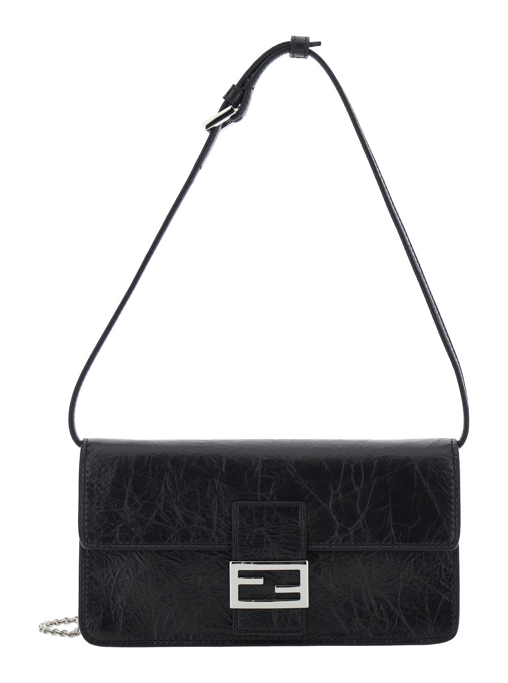 Fendi Women Black Crossbody Bag With Leather Strap And Ff Chain Strap In Fabric For Women