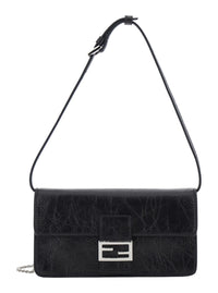 Fendi Women Black Crossbody Bag With Leather Strap And Ff Chain Strap In Fabric For Women