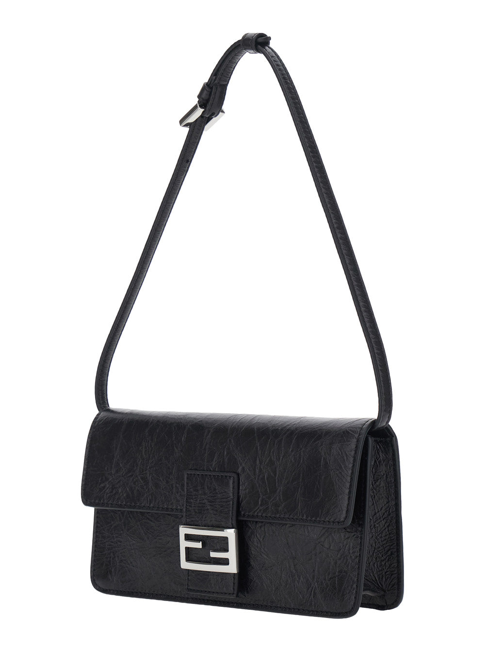Fendi Women Black Crossbody Bag With Leather Strap And Ff Chain Strap In Fabric For Women