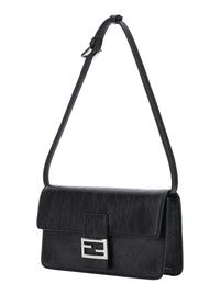 Fendi Women Black Crossbody Bag With Leather Strap And Ff Chain Strap In Fabric For Women