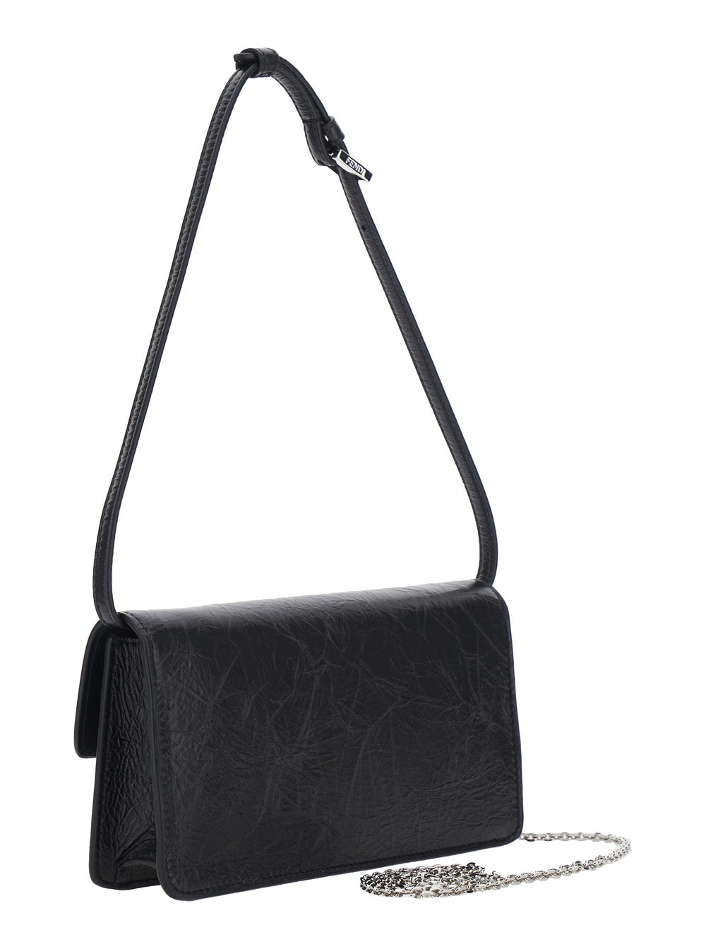 Fendi Women Black Crossbody Bag With Leather Strap And Ff Chain Strap In Fabric For Women