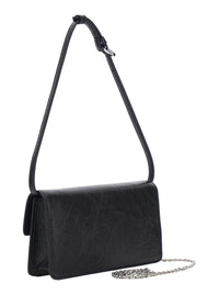 Fendi Women Black Crossbody Bag With Leather Strap And Ff Chain Strap In Fabric For Women