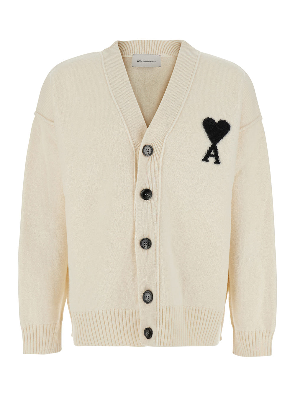 Ami Paris Men White Cardigan With V-Neck And Adc Embroidery On The Front In Wool For Men