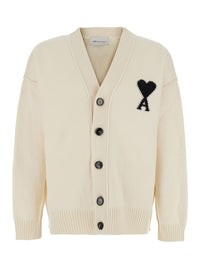 Ami Paris Men White Cardigan With V-Neck And Adc Embroidery On The Front In Wool For Men