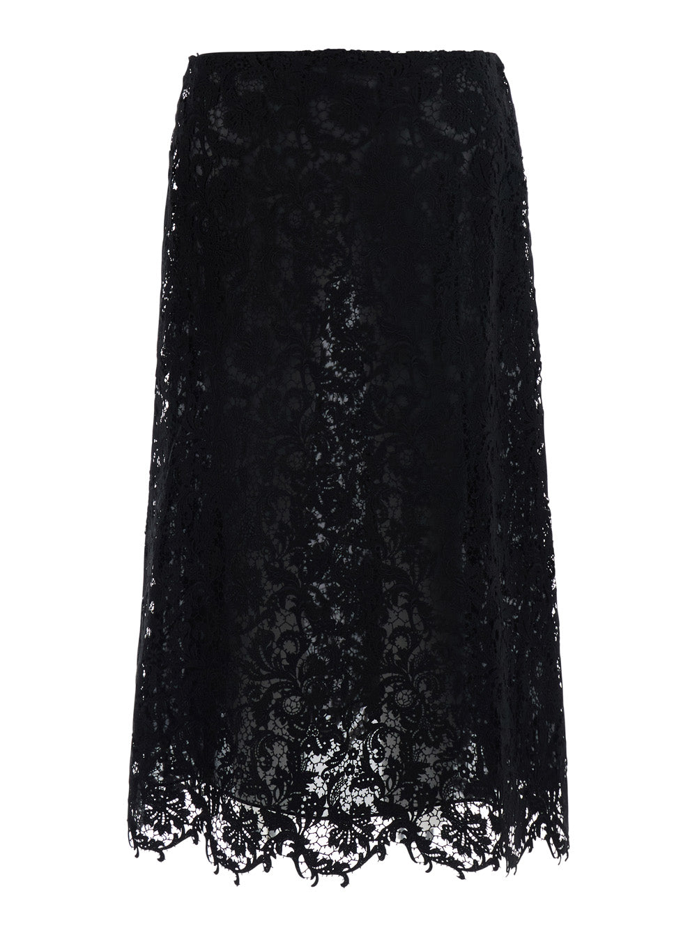 Fendi Women Black Midi Skirt With All-Over Lace Embroidery In Cotton Blend For Women