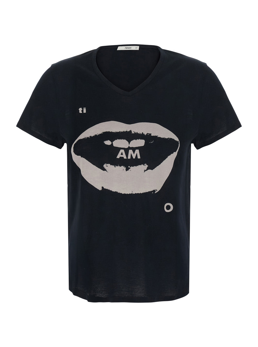 Fendi Women Black T-Shirt With V Neck And Print On The Front In Cotton For Women