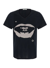 Fendi Women Black T-Shirt With V Neck And Print On The Front In Cotton For Women