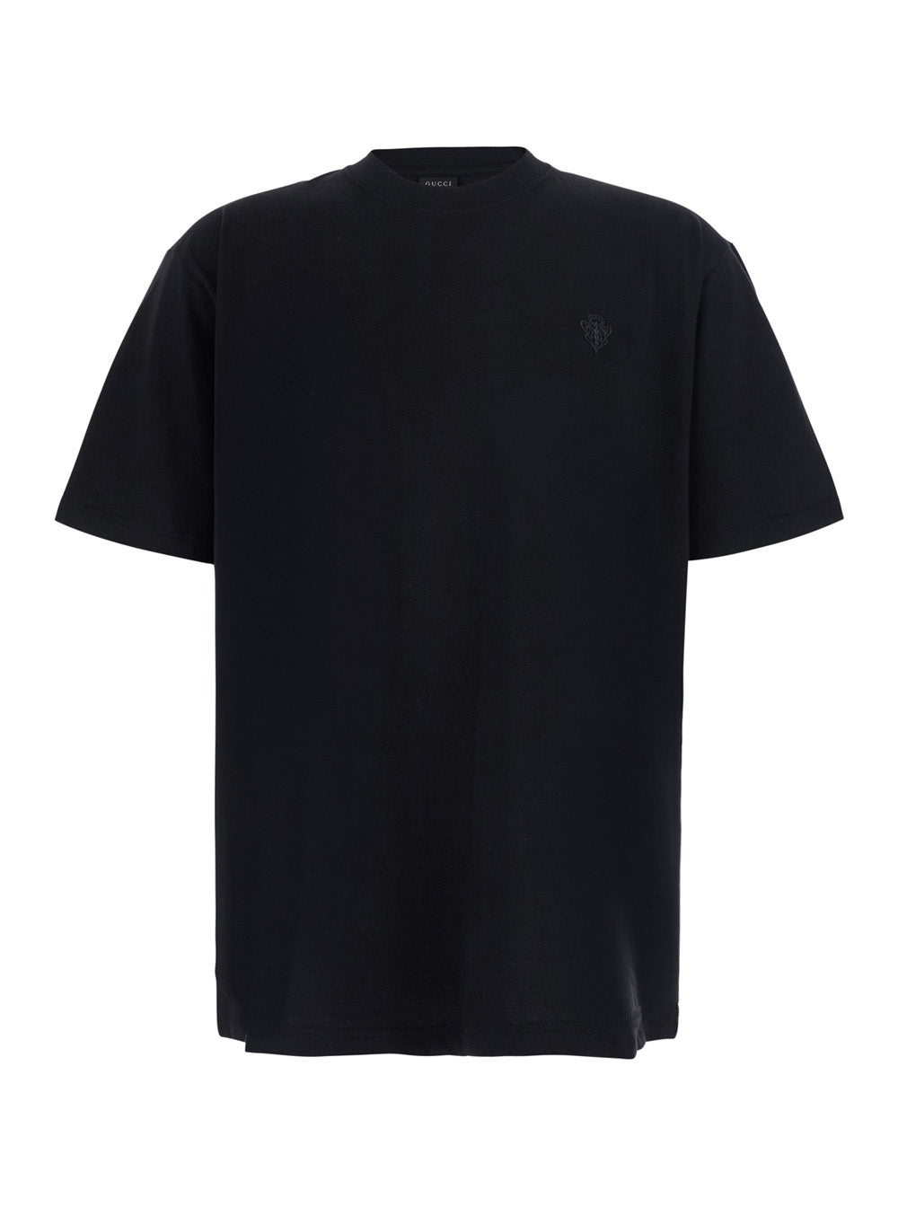 Gucci Men Black Crew Neck T-Shirt With Crest Embroidery On The Front In Blend Cotton For Men