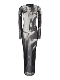 Jean Paul Gaultier Women Black Long Dress With 'Smoking Women' Print In Tech Fabric For Women