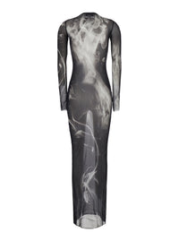 Jean Paul Gaultier Women Black Long Dress With 'Smoking Women' Print In Tech Fabric For Women