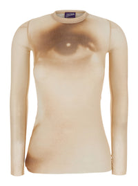 Jean Paul Gaultier Women Beige T-Shirt With "Face" Print And Long Sleeves In Tech Fabric For Women
