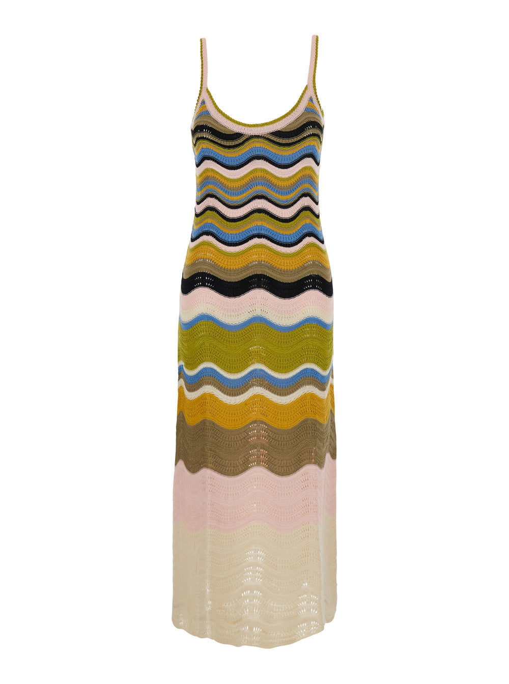 La Doublej Women Multicolor Long Sleeveless Dress With Fixed Straps And Chevron Motif In Cotton For Women
