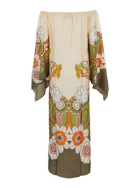 LA DOUBLEJ La Doublej Women 'Goddess' Multicolor Long Dress With Off-Shoulder Design And Ambrosia Motif All-Over In Silk For Women