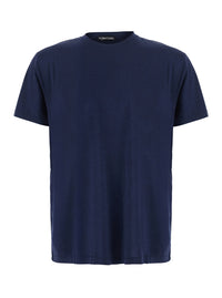 Tom Ford Men Blue Crew Neck T-Shirt With Logo Embroidery On The Front In Blend Cotton For Men