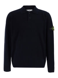 Stone Island Men Blue Polo Shirt With Logo Patch Applied On The Sleeve In Wool For Men