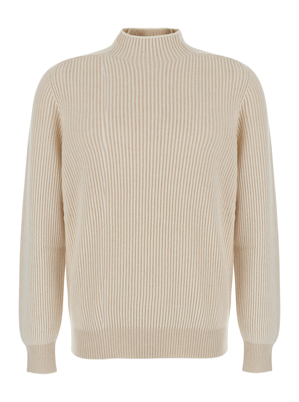 Brunello Cucinelli Men Beige Sweater With Ribbed Design And High Collar In Cashmere For Men