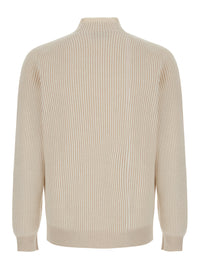 Brunello Cucinelli Men Beige Sweater With Ribbed Design And High Collar In Cashmere For Men