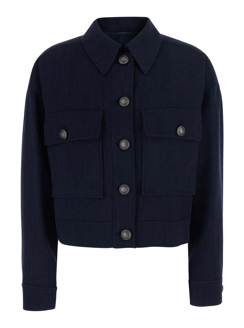 Brunello Cucinelli Women Blue Crop Jacket With Classic Collar And Monile Decoration In Wool For Women