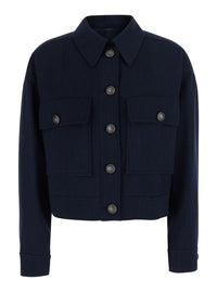 Brunello Cucinelli Women Blue Crop Jacket With Classic Collar And Monile Decoration In Wool For Women