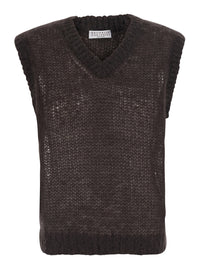 BRUNELLO CUCINELLI Brunello Cucinelli Women Brown Sleeveless Top With V-Neck And Monile Detail In Blend Wool For Women