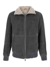 Brunello Cucinelli Men Gray Jacket With High Collar And Fur Lining In Leather For Men