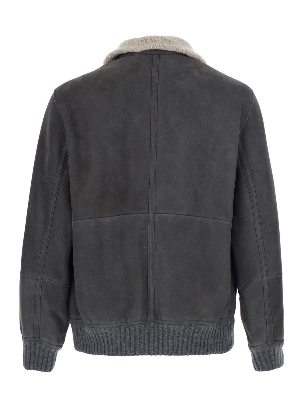 Brunello Cucinelli Men Gray Jacket With High Collar And Fur Lining In Leather For Men