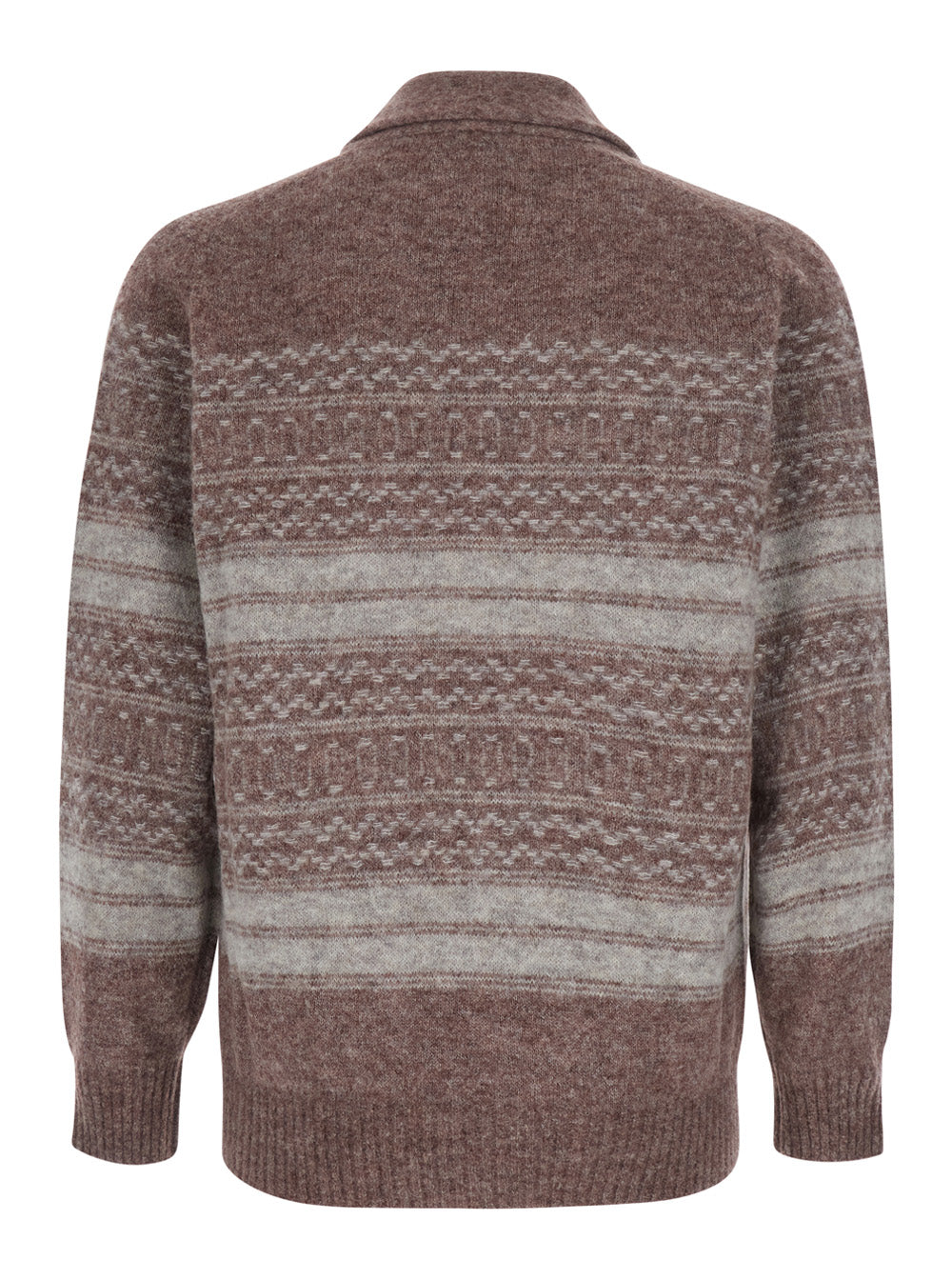 Brunello Cucinelli Men Brown Cardigan With V-Neck And Striped Motif In Wool Blend For Men