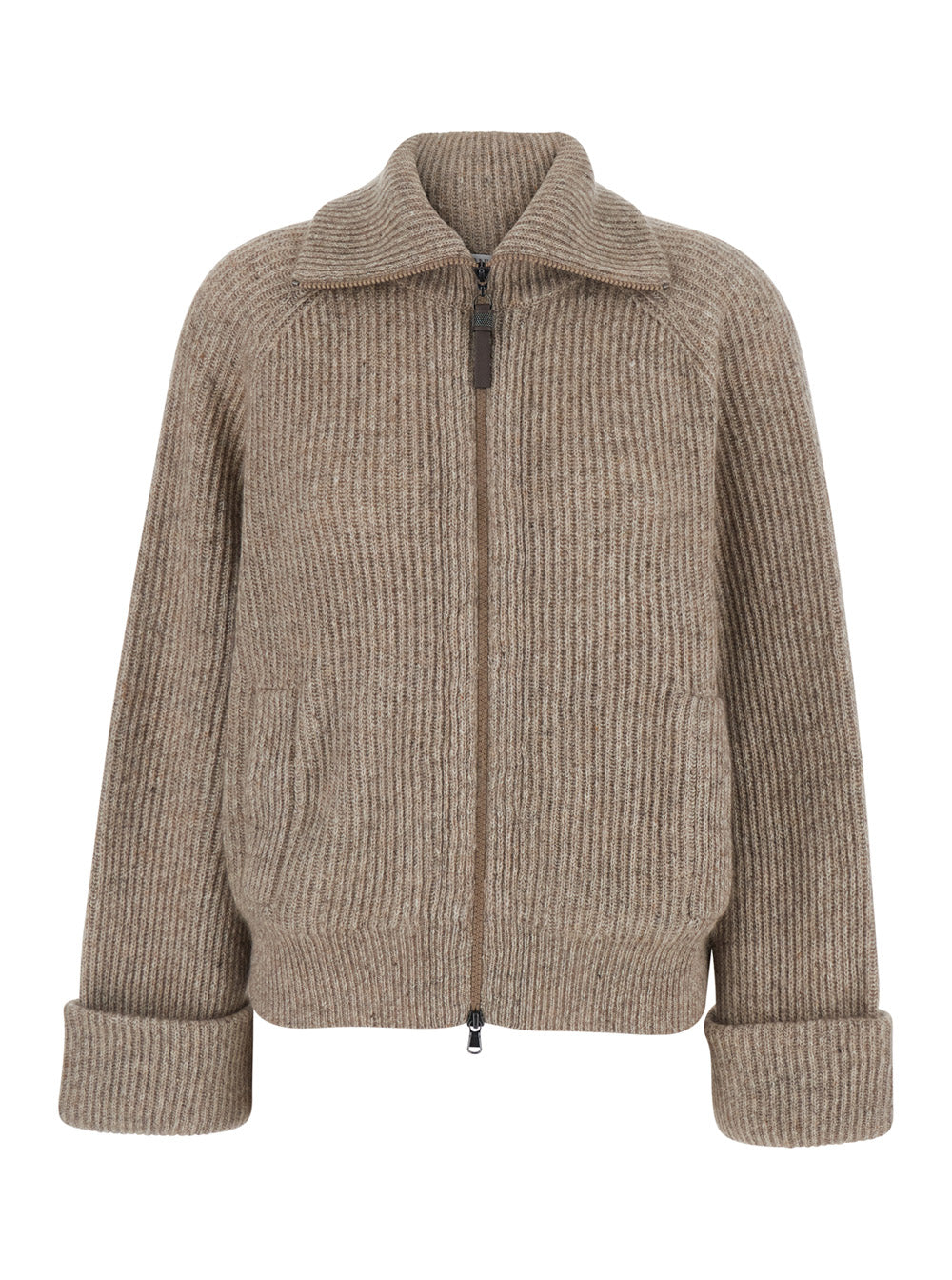 Brunello Cucinelli Women Brown High-Neck Cardigan With Front Zip Closure In Wool For Women