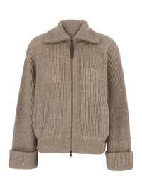 Brunello Cucinelli Women Brown High-Neck Cardigan With Front Zip Closure In Wool For Women