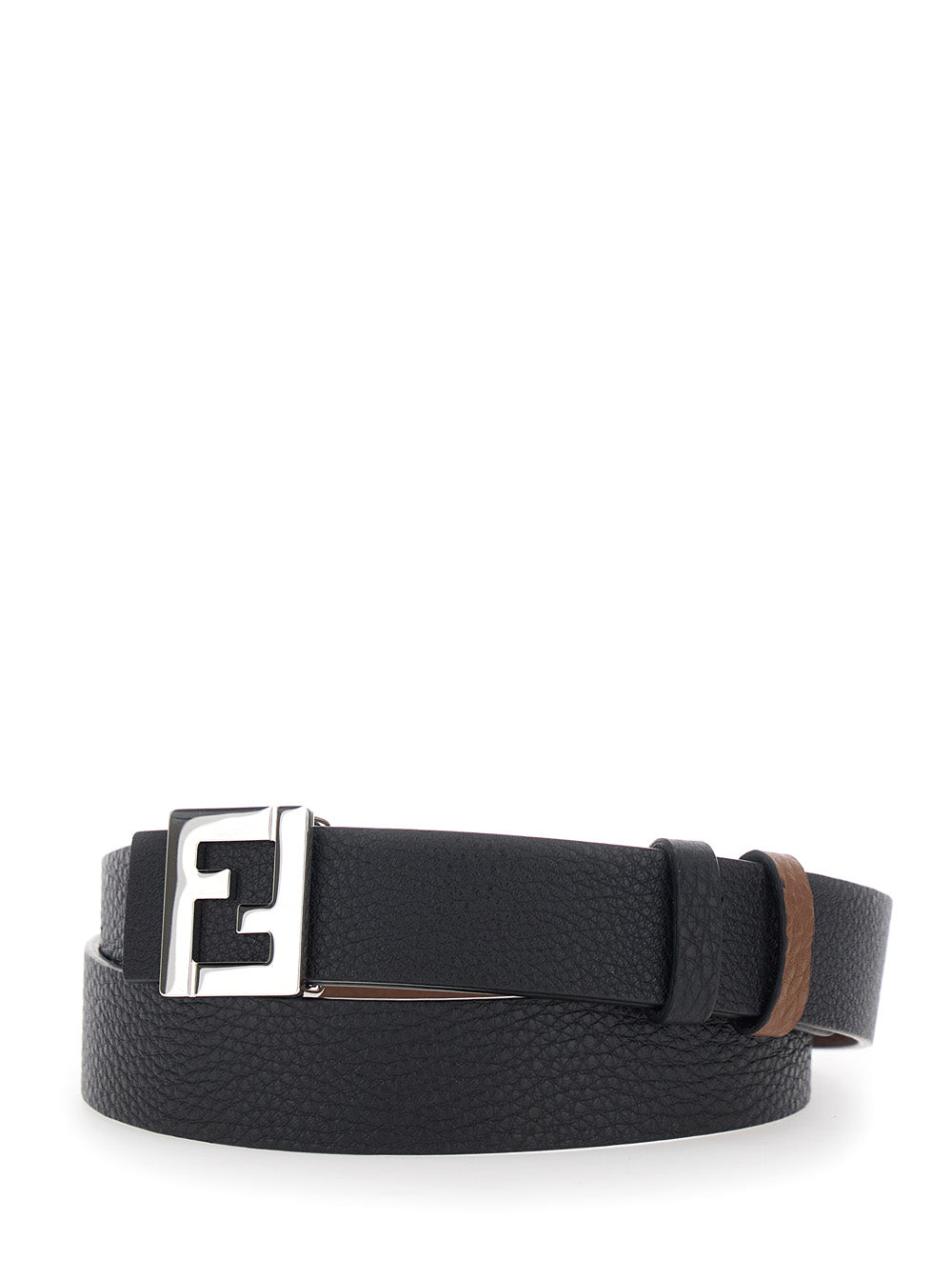 Fendi Men Black Reversible Belt With Ff Plate In Leather For Men