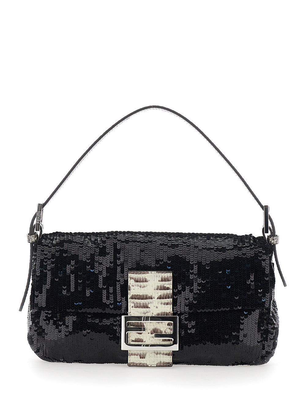 Fendi Women Black Shoulder Bag With All-Over Sequins And Ff Plate On The Front In Tech Fabric For Women