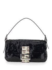 Fendi Women Black Shoulder Bag With All-Over Sequins And Ff Plate On The Front In Tech Fabric For Women