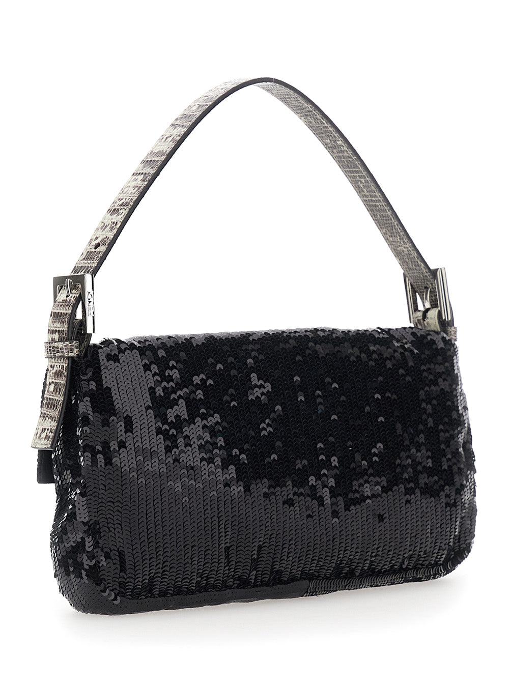 Fendi Women Black Shoulder Bag With All-Over Sequins And Ff Plate On The Front In Tech Fabric For Women