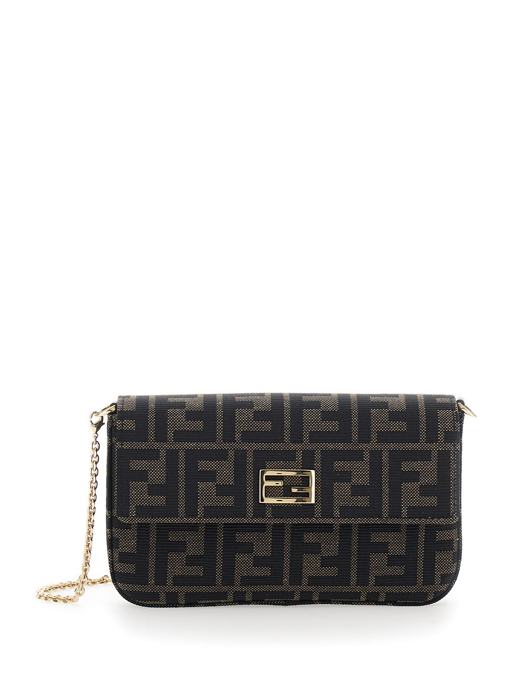 Fendi Women Brown Crossbody Bag With Chain Strap And Ff Plate On The Front In Ff Canvas For Women