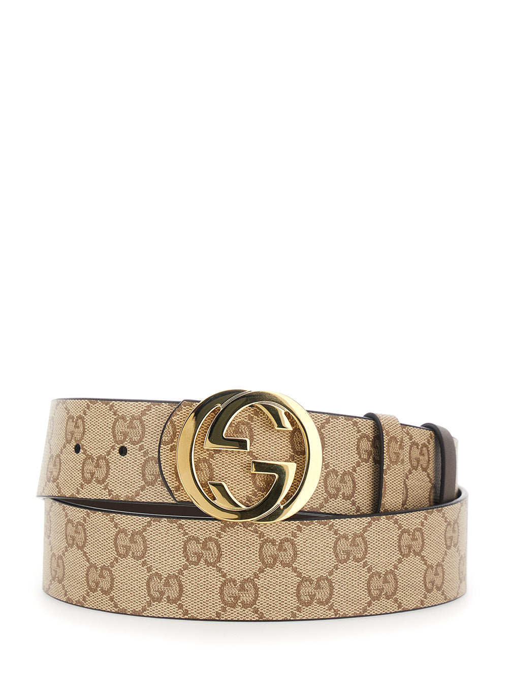 Gucci Men Beige Reversible Belt With Gg Intreccio Buckle In Gg Canvas And Leather For Men