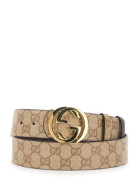 Gucci Men Beige Reversible Belt With Gg Intreccio Buckle In Gg Canvas And Leather For Men