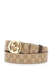 Gucci Men Beige Reversible Belt With Gg Intreccio Buckle In Gg Canvas And Leather For Men