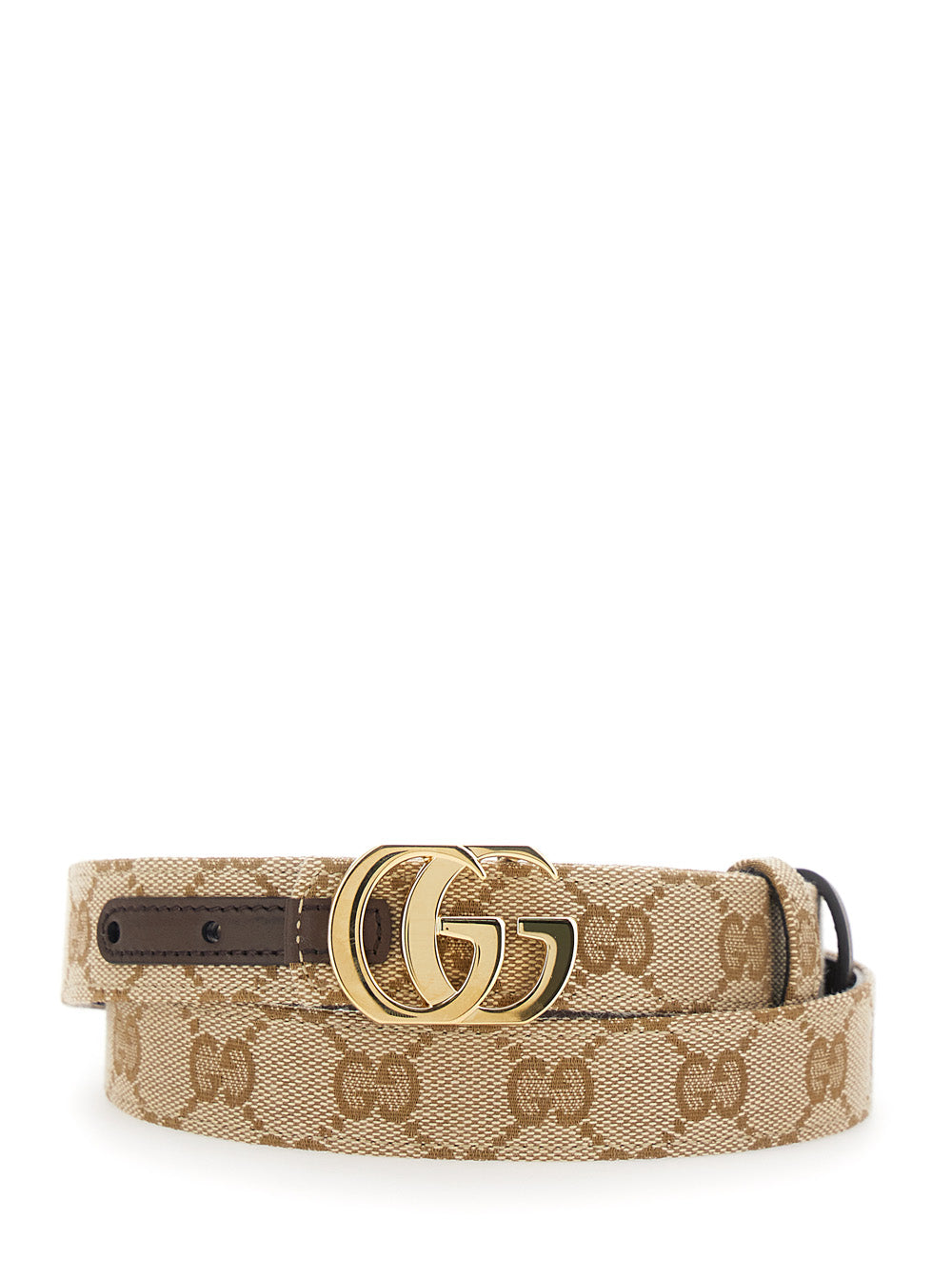 Gucci Women Beige Reversible Belt With Gg Buckle In Gg Canvas And Leather For Women