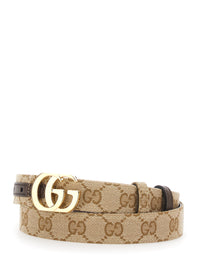 Gucci Women Beige Reversible Belt With Gg Buckle In Gg Canvas And Leather For Women