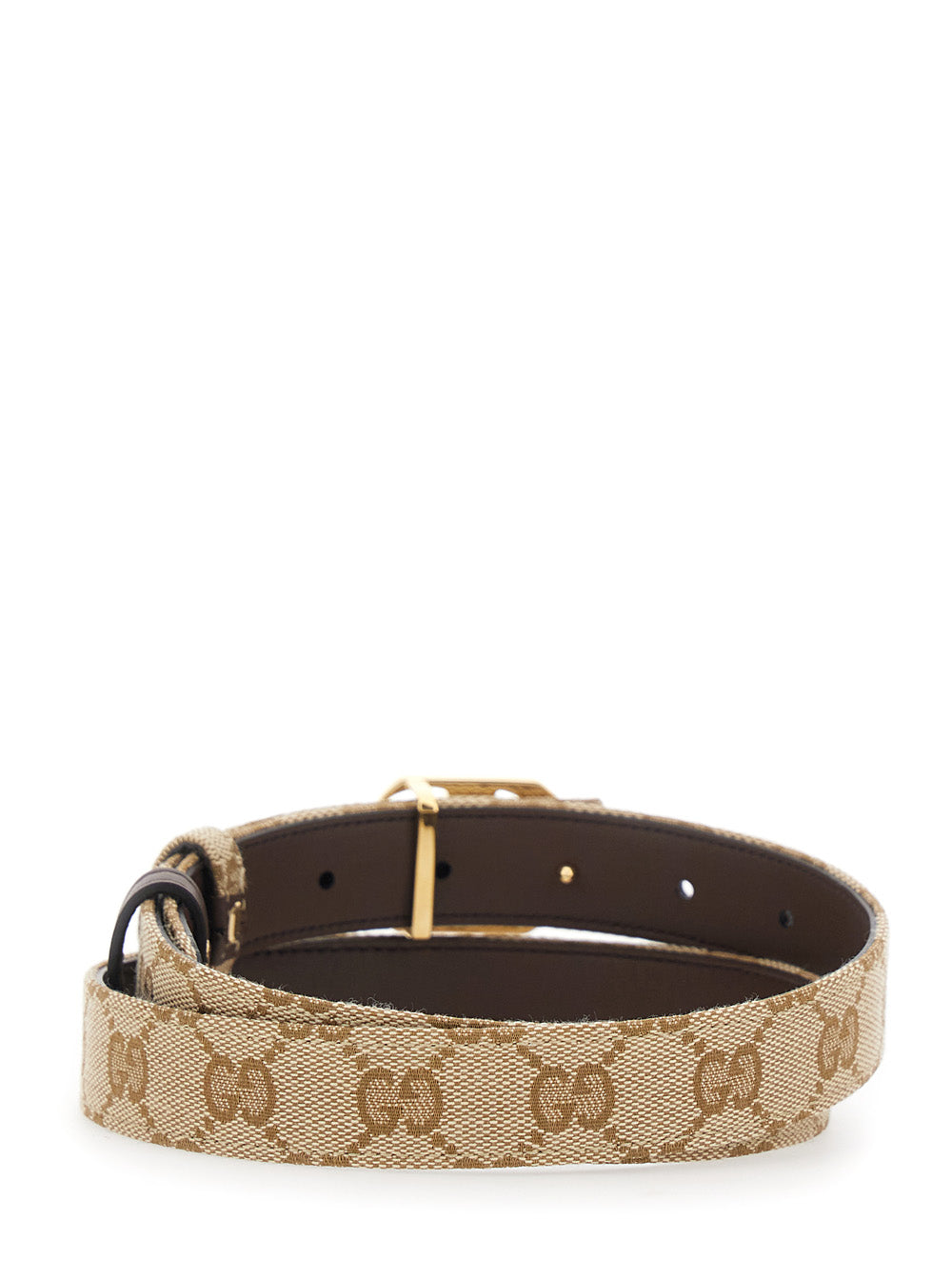 Gucci Women Beige Reversible Belt With Gg Buckle In Gg Canvas And Leather For Women