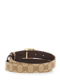 Gucci Women Beige Reversible Belt With Gg Buckle In Gg Canvas And Leather For Women