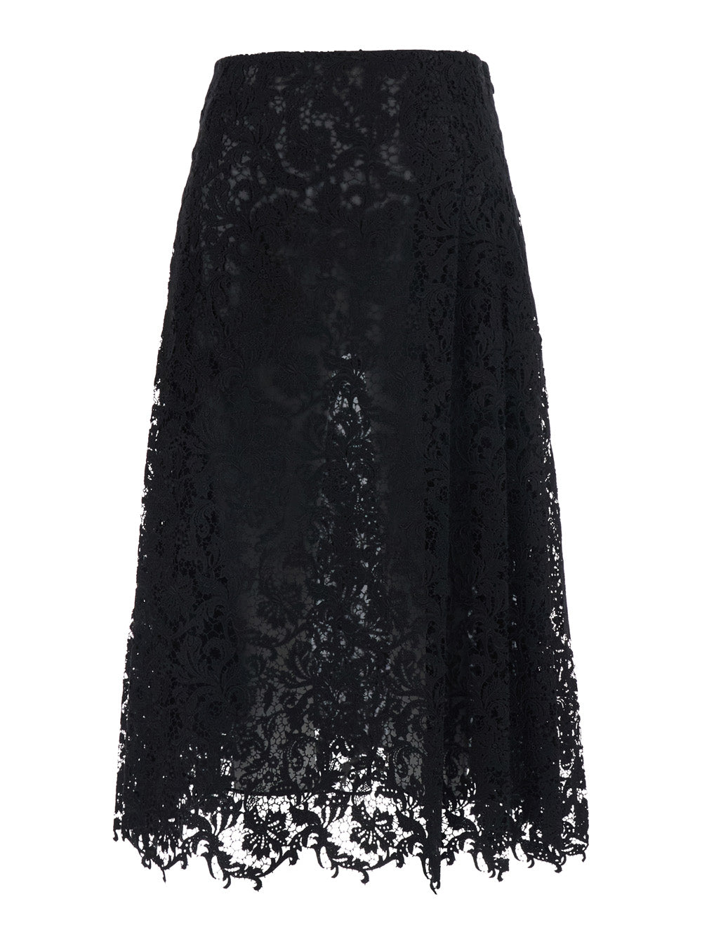 Fendi Women Black Flared Midi Skirt With Lace Embroidery In Cotton Blend For Women