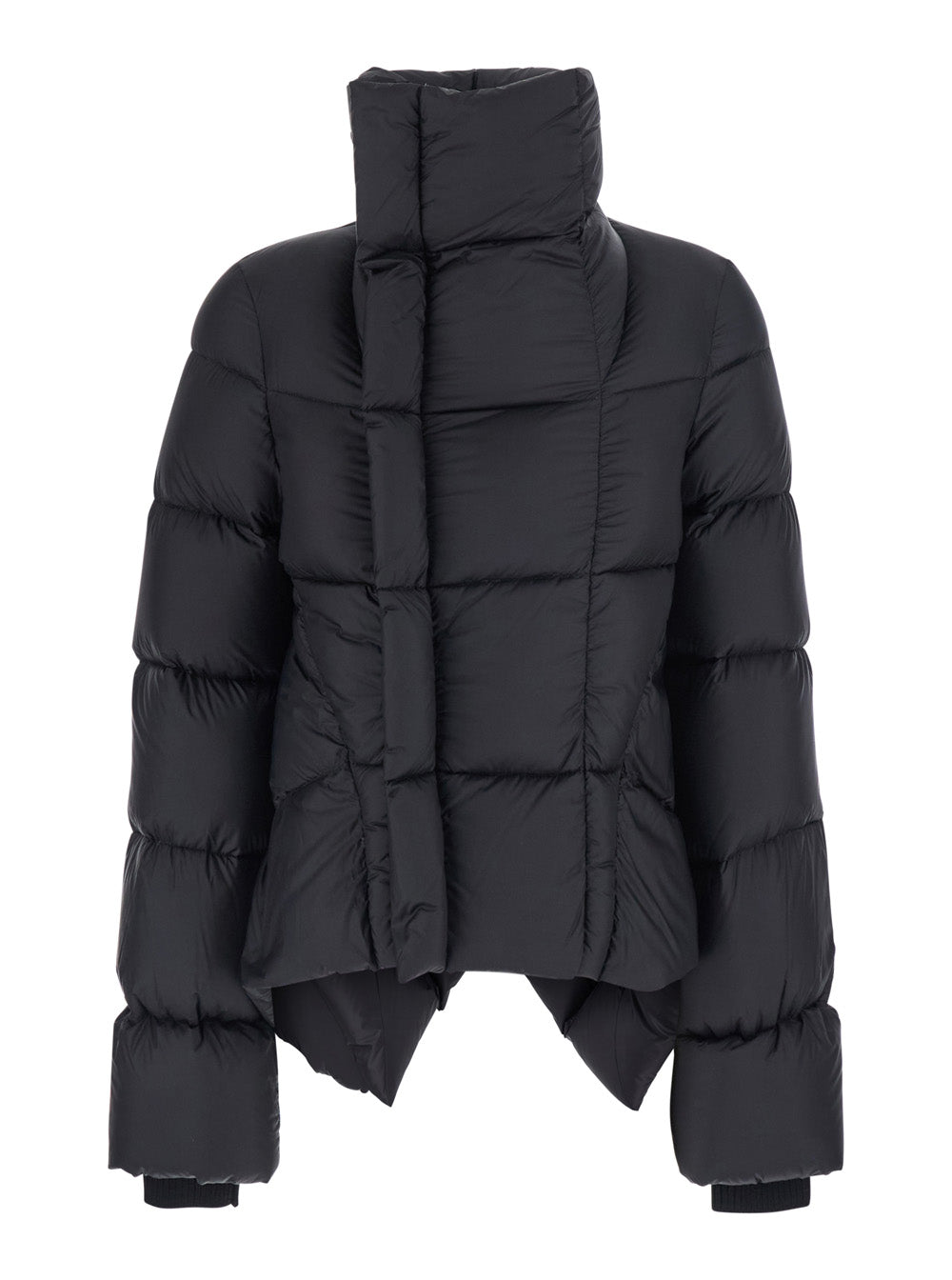 Rick Owens Women Black Down Jacket With High Collar And Off-Center Zip Closure And Asymmetrical Hem In Tech Fabric For Women