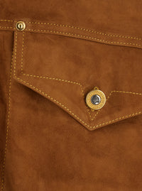 Versace Men Beige Jacket With Classic Collar And Logoed Jewel Buttons In Suede For Men