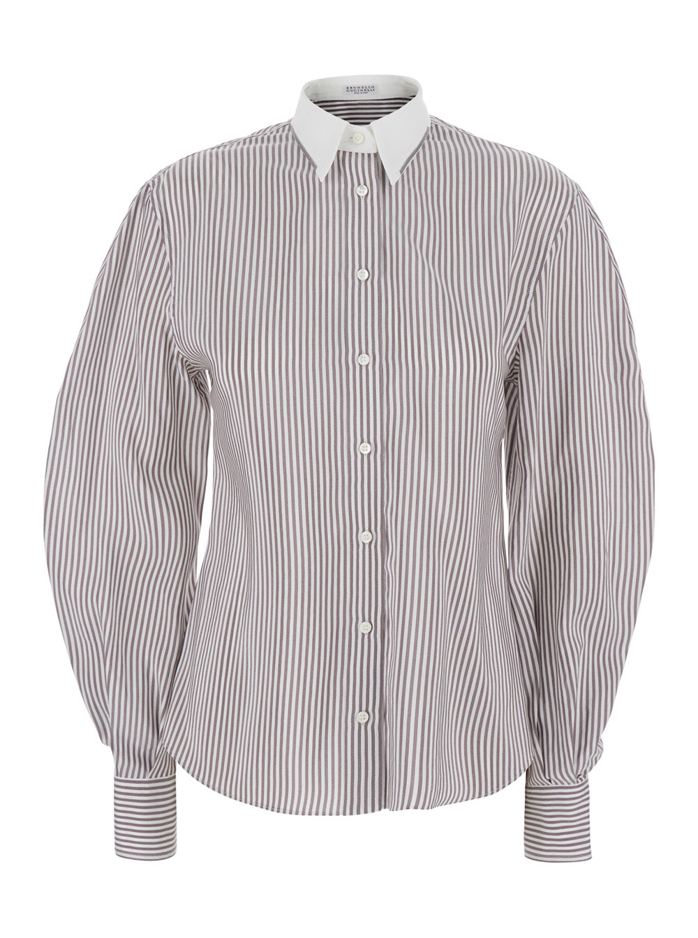 BRUNELLO CUCINELLI Brunello Cucinelli Women Brown Shirt With All-Over Stripe Motif And Balloon Sleeves In Silk For Women