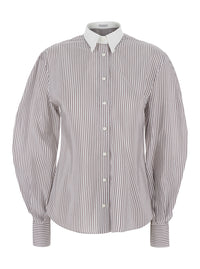 BRUNELLO CUCINELLI Brunello Cucinelli Women Brown Shirt With All-Over Stripe Motif And Balloon Sleeves In Silk For Women