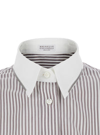 BRUNELLO CUCINELLI Brunello Cucinelli Women Brown Shirt With All-Over Stripe Motif And Balloon Sleeves In Silk For Women